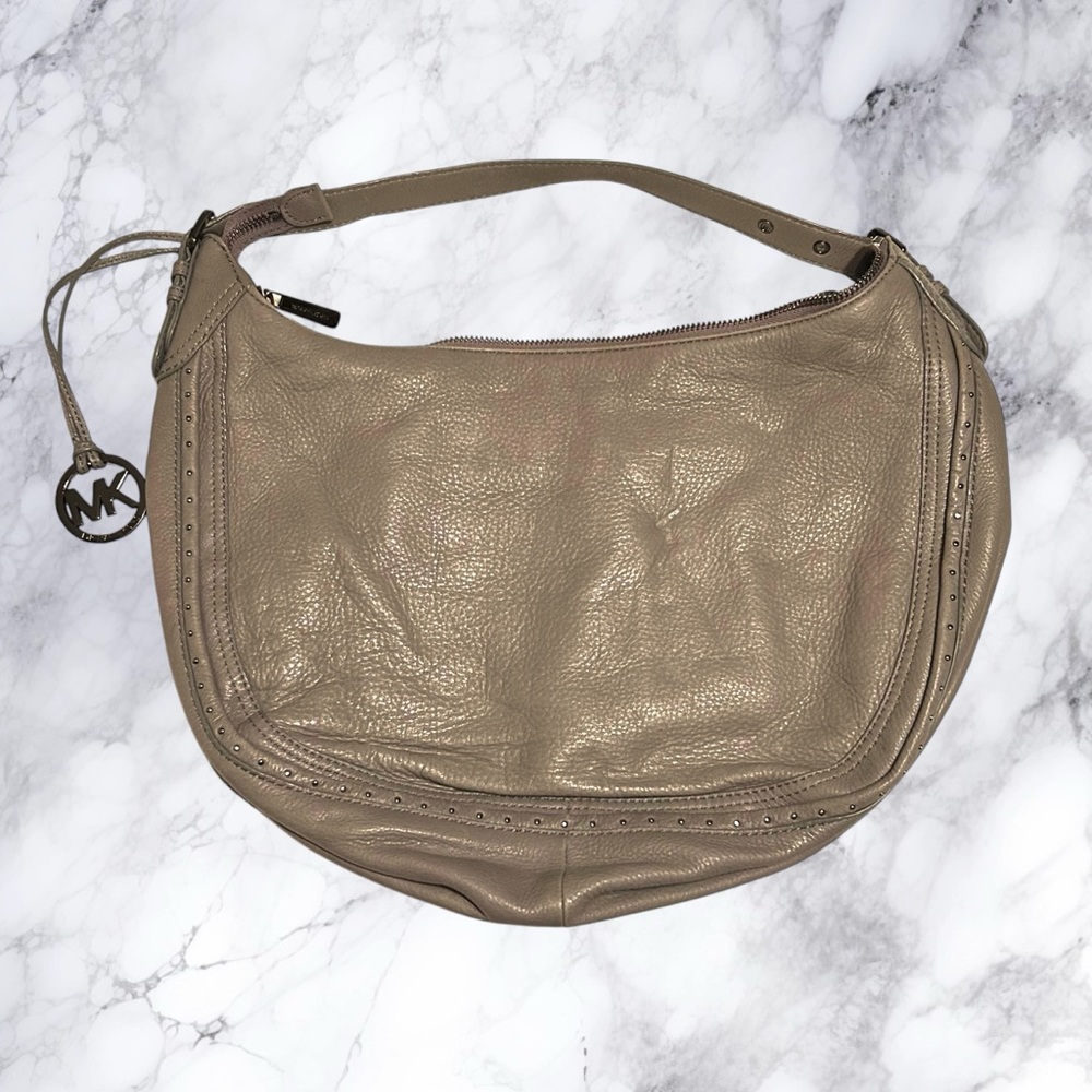 Michael Kors Purse Bag Beige Gray Pebbled Studded Roomy Large Zipper